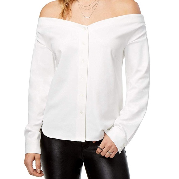 Kensie Tops - Kensie Womens Off-The-Shoulder Pinstripe Shirt